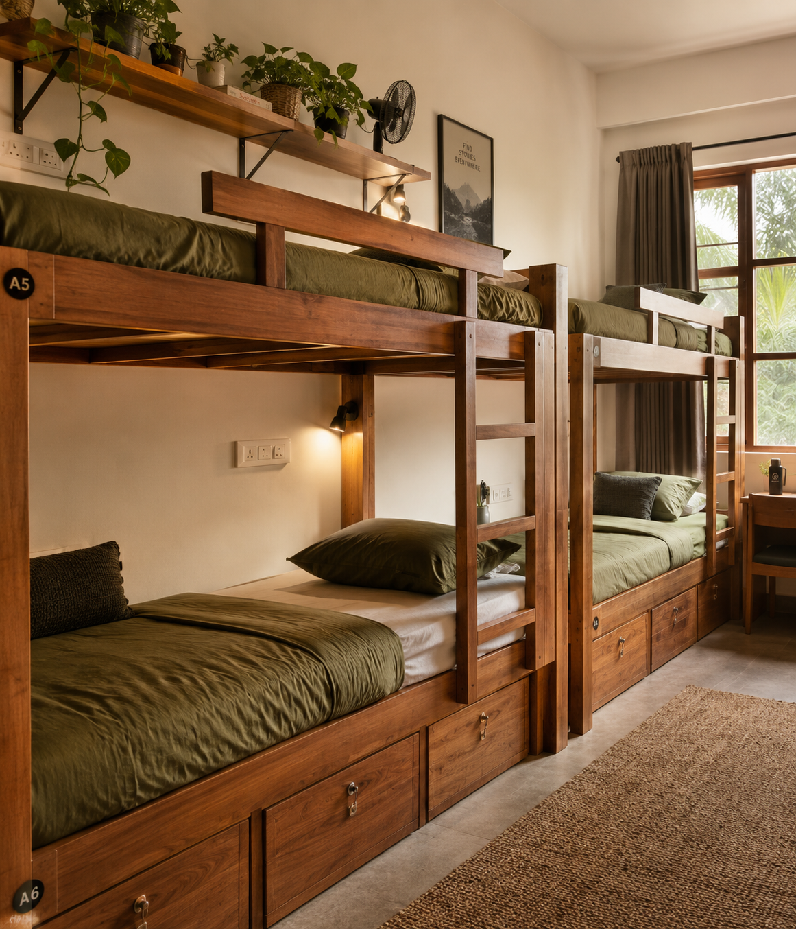 Wooden bunk beds in a tidy, well-lit student dormitory room.