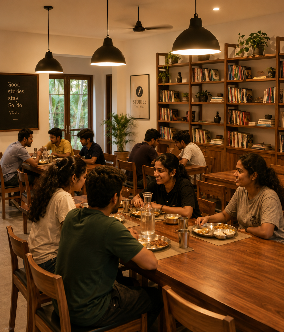 Warmly lit communal dining area.